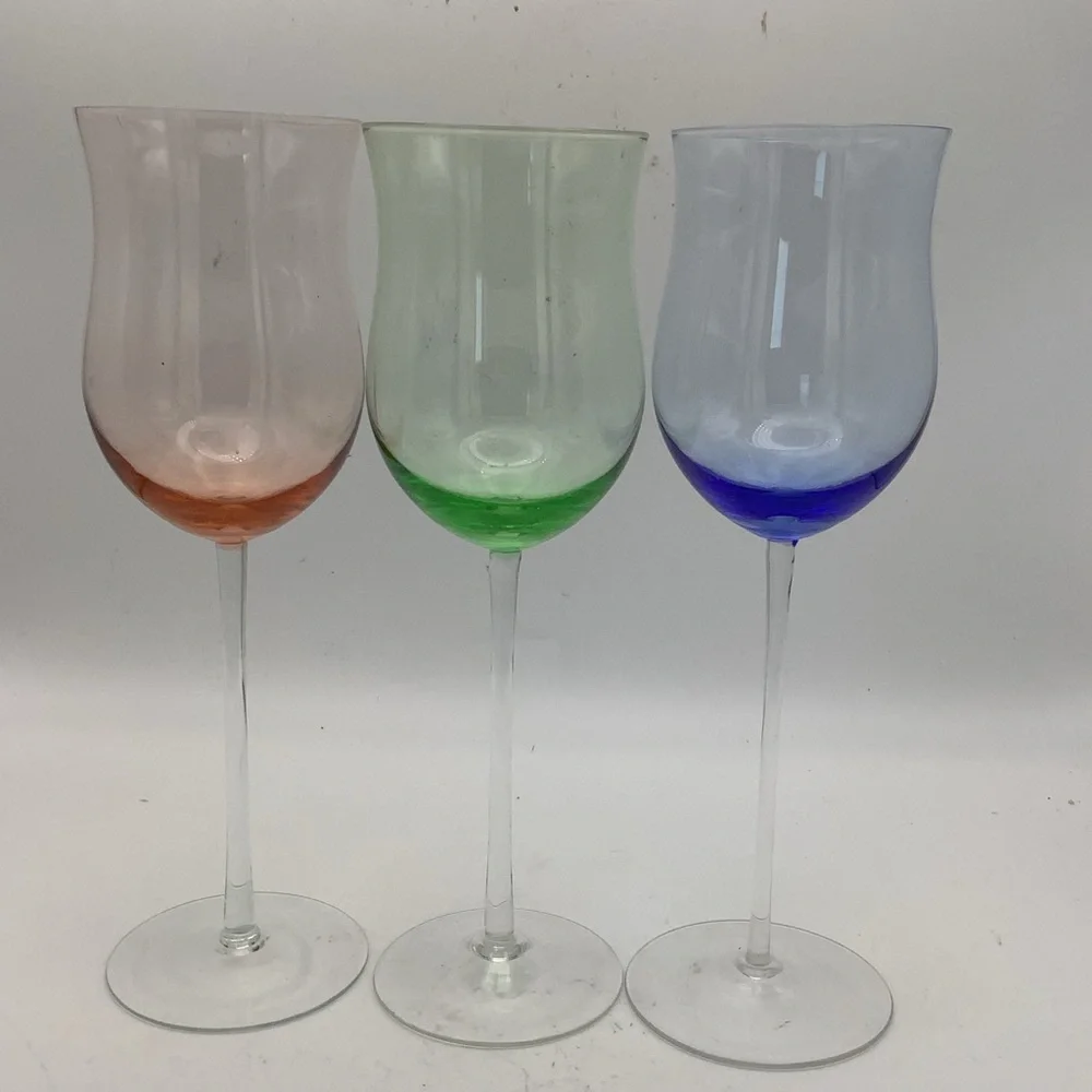 Six Spectrum Hand Blown Crystal Tulip Wine Goblets